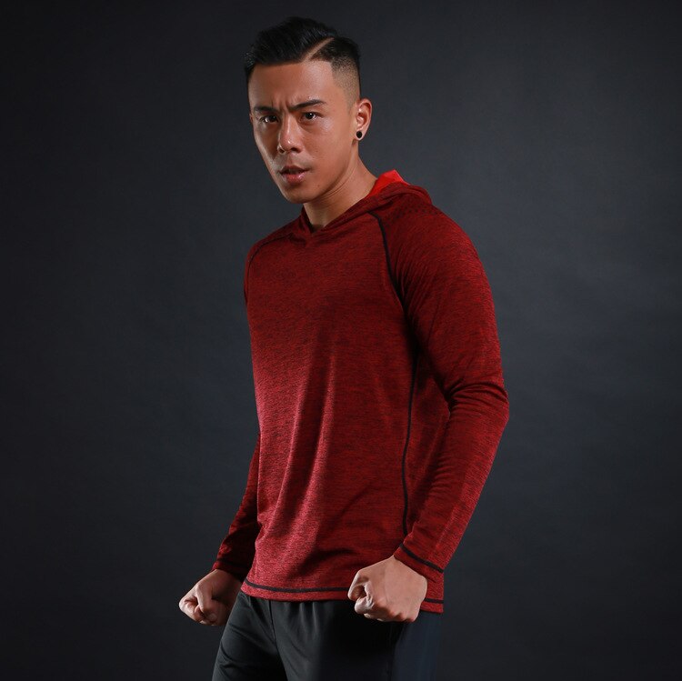 Herfst Winter mannen Met Lange Mouwen T-shirt Trui Dunne Ademend sneldrogend Fitness Training Sport Casual Lange Mouwen Hood: S / Rood