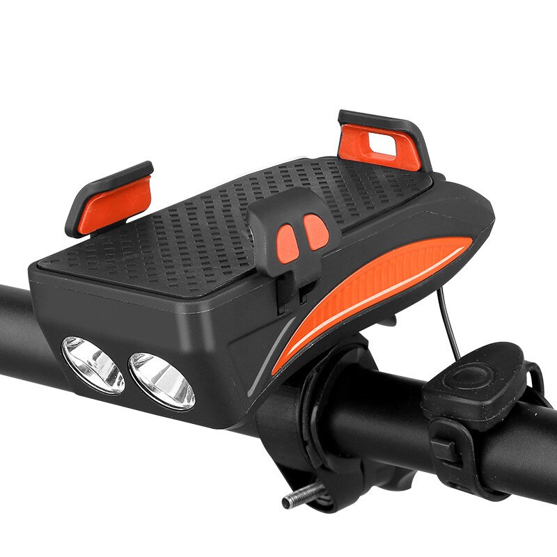 Fietshoorn en telefoonhouder in één, multifunctionele fietsverlichting, koplamp, led-bel, gps-clip, stuurbevestiging ,  b82: Oranje