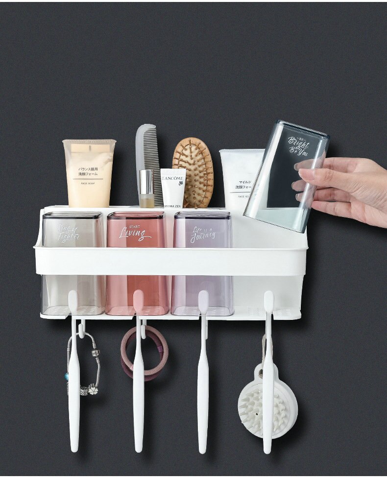 Punch-livre fixado na parede suporte de escova de dentes lavagem conjunto de copo da boca do banheiro copo escova de dentes do agregado familiar copo de creme dental squeezer rack