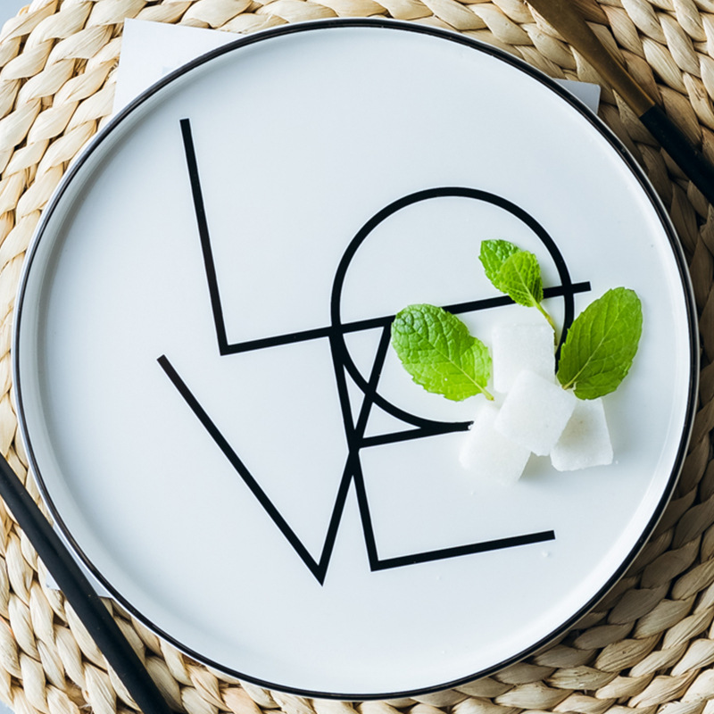 20 cm Leaf Round Ceramic Plate Cartoon Plant Procelain Dinner Plate Dessert Steak Fruit Nuts Tray Household Snack Dishes Plate: Love