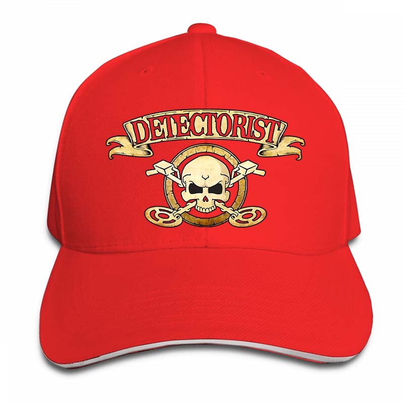 Men detectorist skull & crossbones Metal detector Treasure hunter 2 sided cotton badge Baseball cap men women Trucker Hats: 2-Red