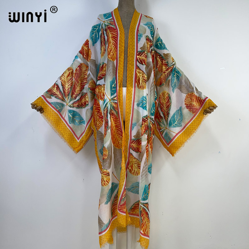 Winyi 2023 sommer-cardigan mit goldenem print aus baumwolle, locker geschnitten, langes kleid, boho-maxikleid, strandkleid, überwurf für badebekleidung: Elfenbein