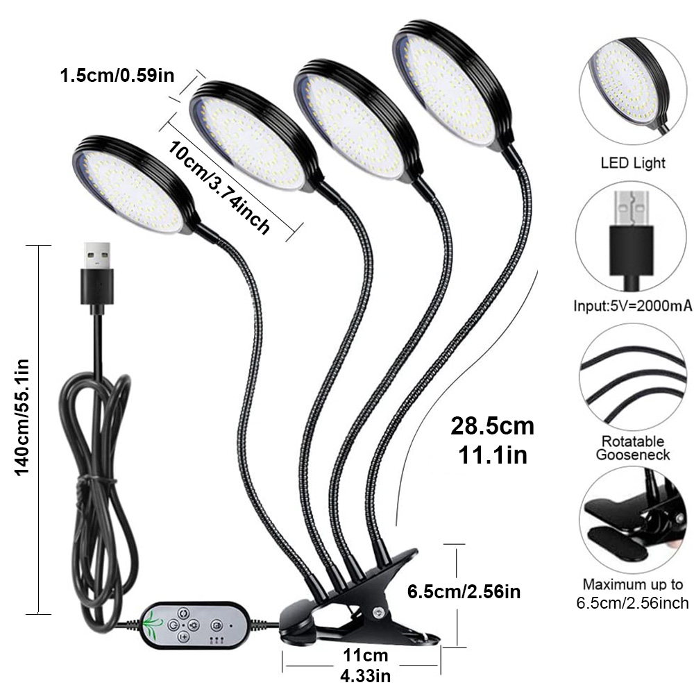 Luces LED de cultivo de plantas de 1/2/3/4 cabezales, lámpara Phyto de espectro completo regulable con Clip, temporizador de encendido/apagado automático, luz de cultivo de vegetales y flores para interiores