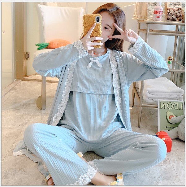 Fdfklak efterår ammende pyjamasdragter 3 stk / sæt barsel sygepleje nattøj lyserød / blå nattøj til gravide: Blå / M