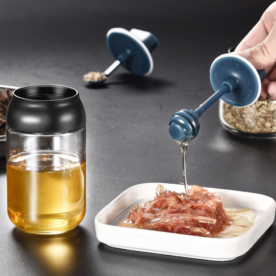 250ml Glass Flavoring Bottle Seasoning Box Seal Damp-proof with Lid and Seasoning Spoon Honey Dippers Oil Brush Store Salt