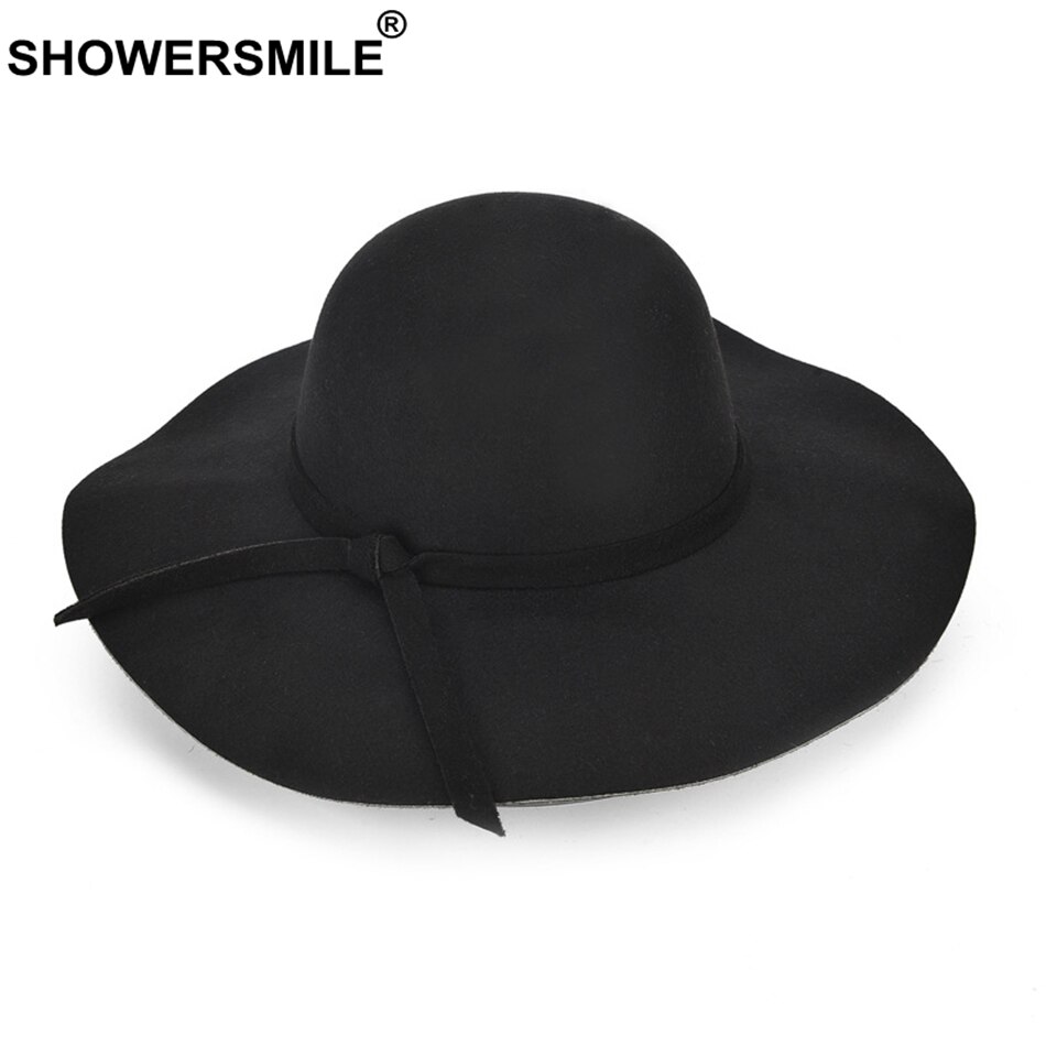 SHOWERSMILE Red Hats For Women Tweed Fedoras Hat Female Large Brim Caps Ladies Bowler Bowknot Autumn Felt Hat Brand: black hat