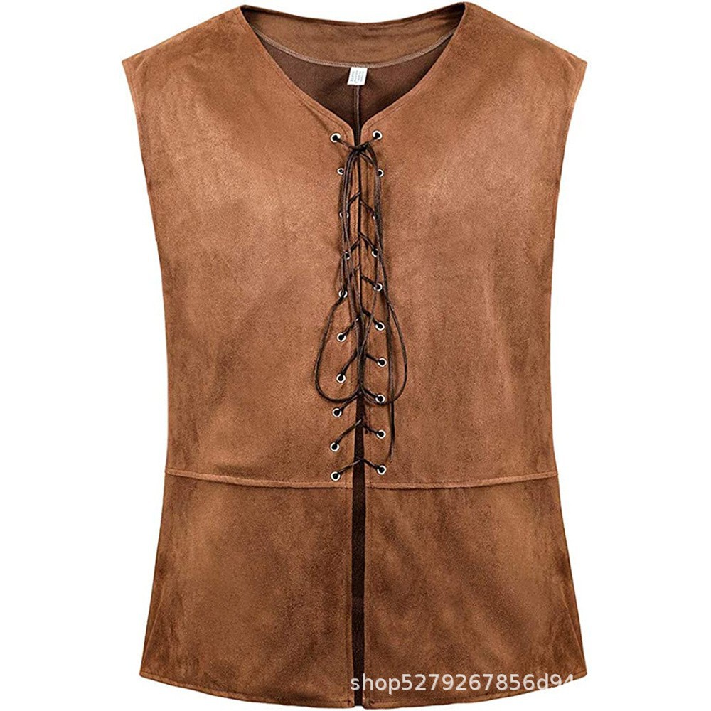 Middeleeuws renaissance vest van suède leer voor heren, mouwloos vest met veters voor historische, LARP & cosplay kostuums