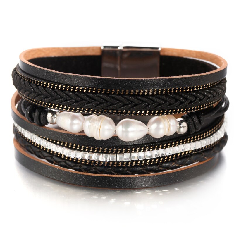 ALLYES Böhmischen Kristall Natürliche Perle Leder Armbänder für Frauen Damen mehrschichtig Geflochten Breite wickeln Armbinde Boho Schmuck: Schwarz