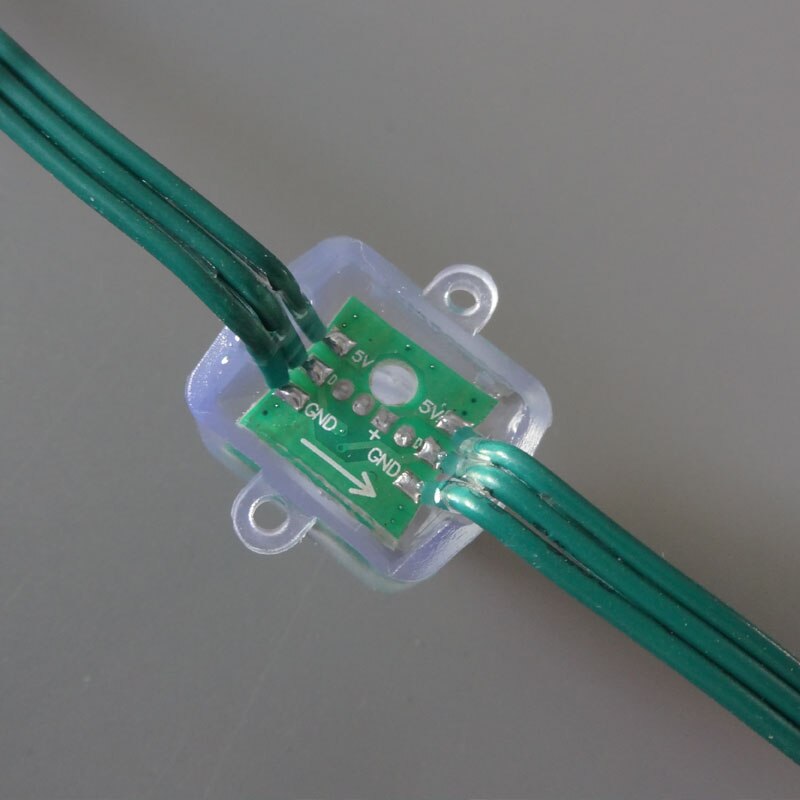 Square type all GREEN wire(20AWG) addressable DC5V 12mm through hole WS2811 led smart pixel node,IP68 rated;50pcs per strand
