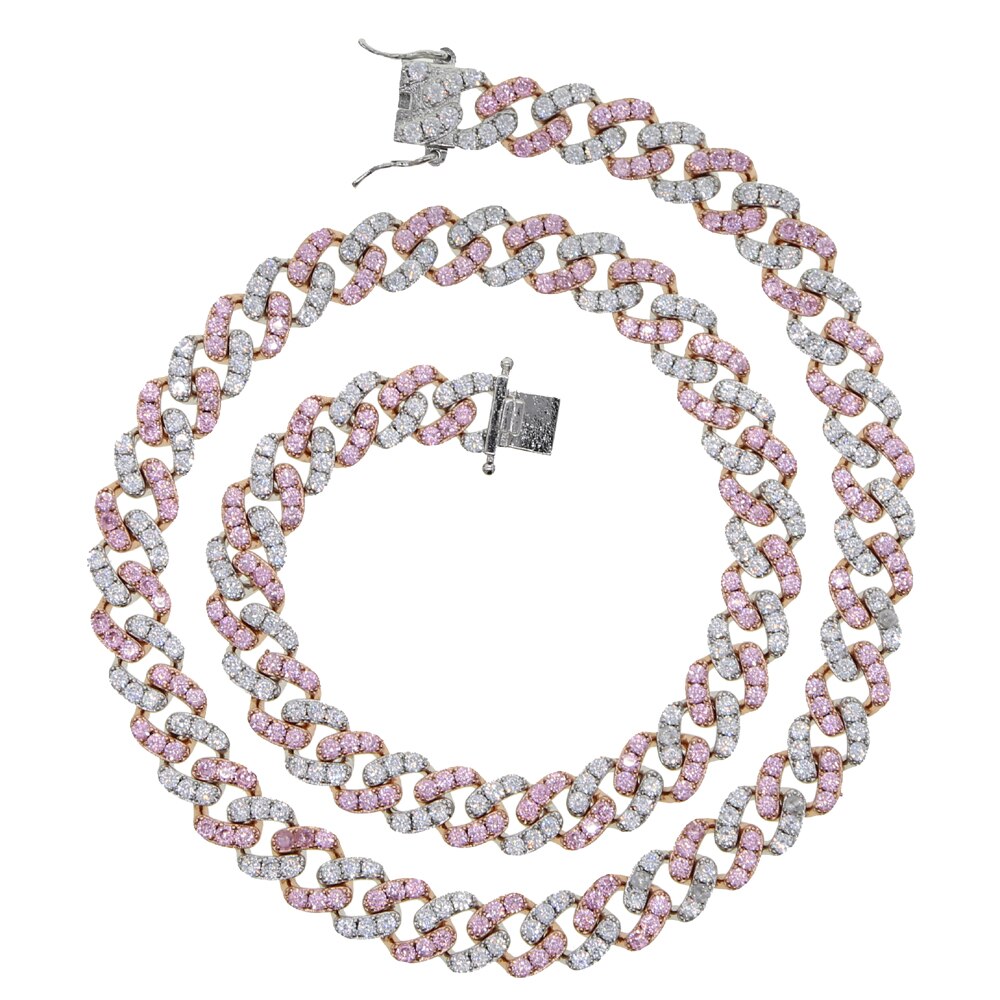 9mm iced out bling cz Miami cuban link chain Two tone With White &Pink cz choker necklace silver color women jewelry