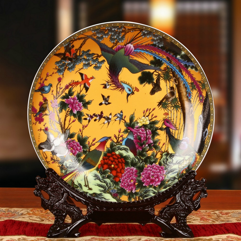 Chinese Stijl 10 inches Vogels betalende hommage aan de Phoenix Keramische Decoratieve Ronde Plaat Voor Familie