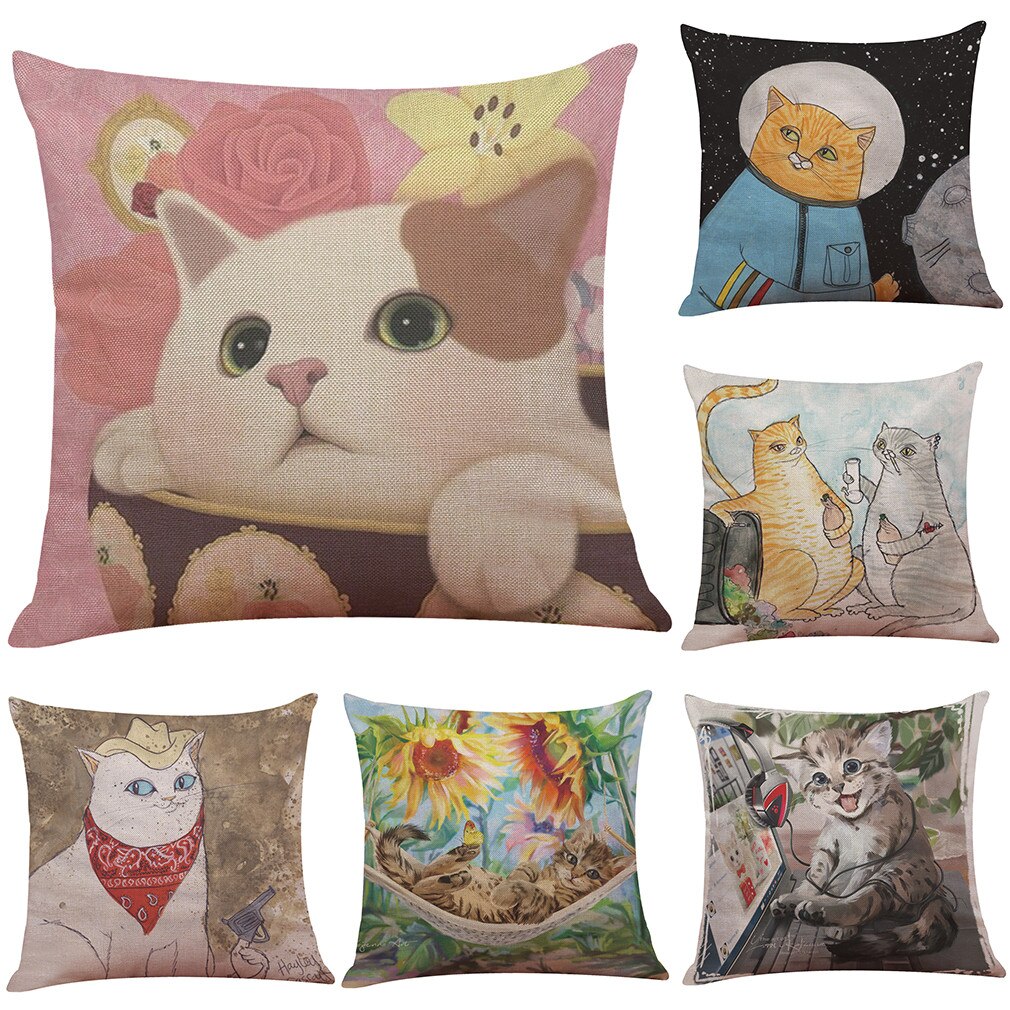 Mignon chat impression housse de coussin Kissen oreillers décoratifs pour canapé-lit maison taie d'oreiller Cojines Decorativos Para Sofá