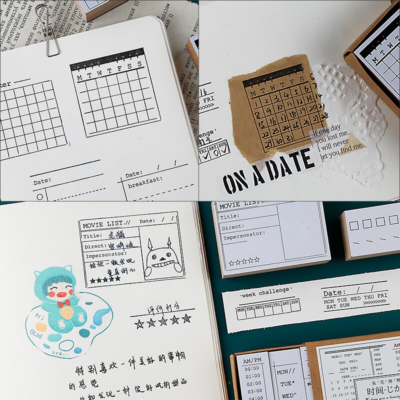 Vintage retrotyyli viikko ennätys kalenteri muistio lista aikasuunnittelija kuvio puinen leima setti itse scrapbooking standardi leima