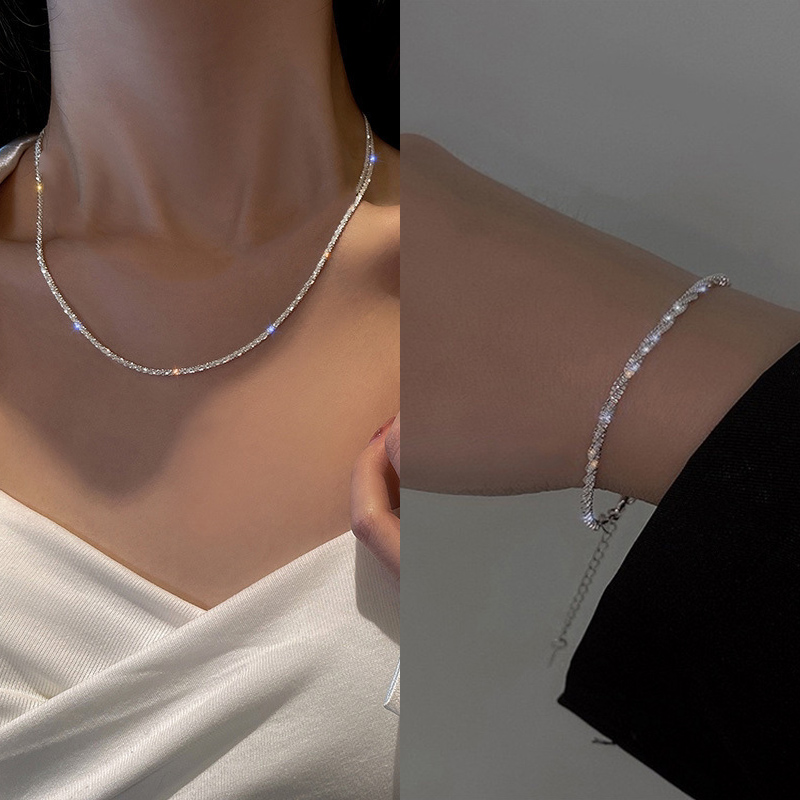Conjunto de joyería de pulsera y collar de cadena de clavícula chapada en plata brillante, accesorios minimalistas de cielo estrellado para mujer: Chapado en rodio