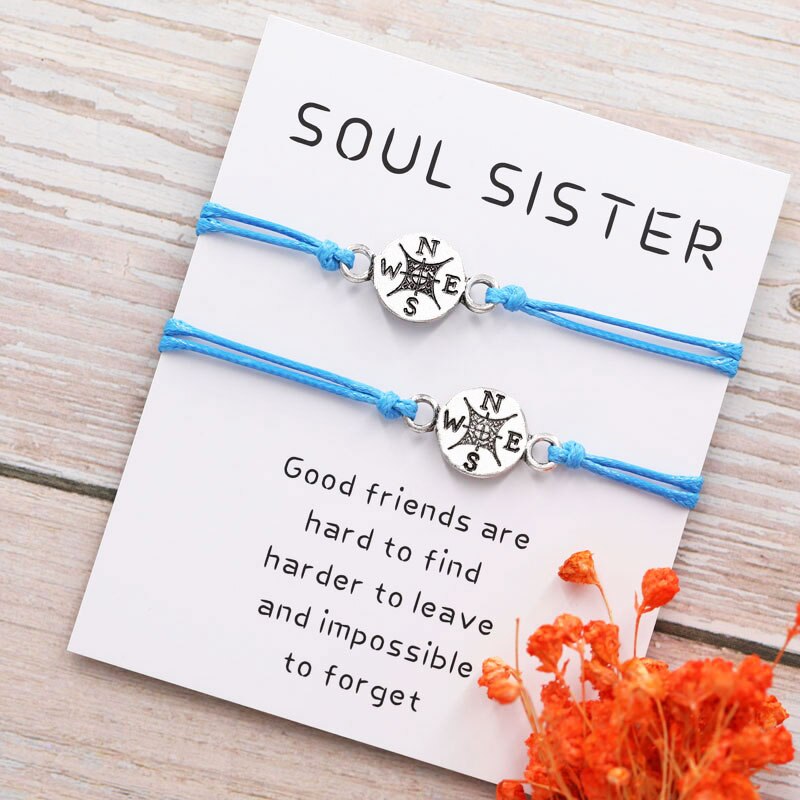 2Pcs/Set Soul Sister Compass Bracelet Friendship Long Distance Compass Charm Couple Bracelet Compass Jewelry Best Friend