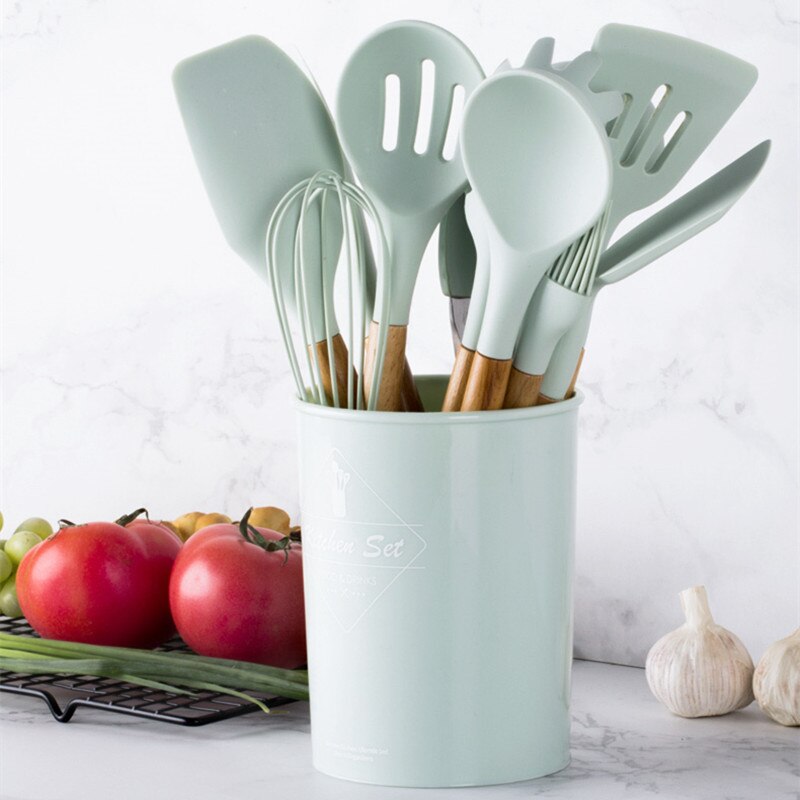Green Silicone Cooking Tools Heat Resistant Kitchen Utensils Accessories Sets Environmental Friendly Home Appliances Gadgets