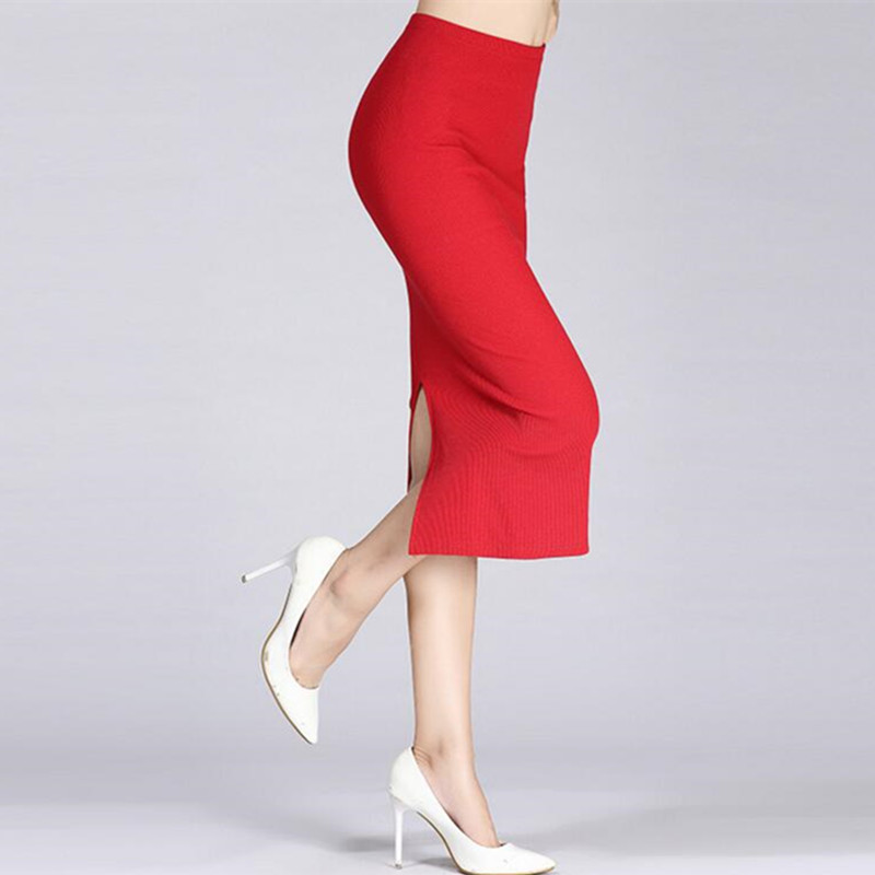 Danjeaner Vrouwen Formele Werk Hoge Wasit Gebreide Katoen Potlood Rokken Elastische Solid Slim Lange Rokken Split Pakket Hip Maxi Sketches