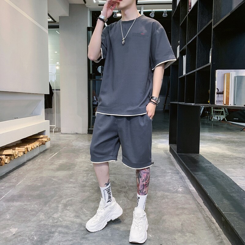 Men's Summer Short-sleeved Sport Suit Sport Running Two-piece Suit Loose Casual Solid Fitness Suit