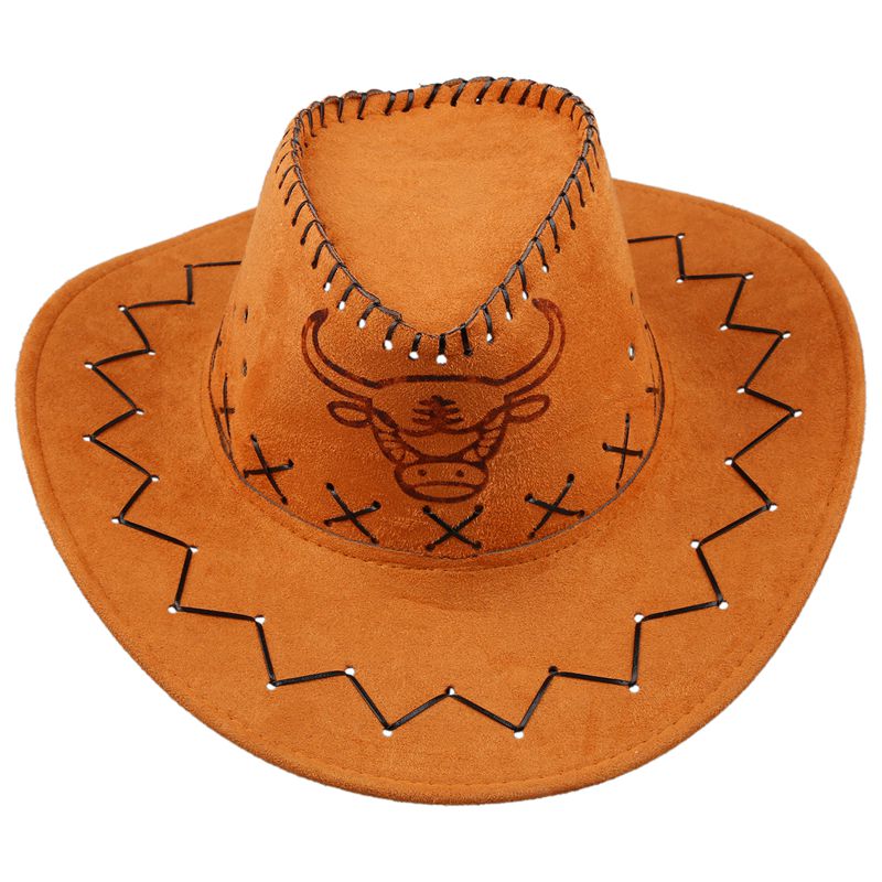 Mænd flannel rem vikling kohoved mønster faux ruskind cowboy hat brun: Default Title