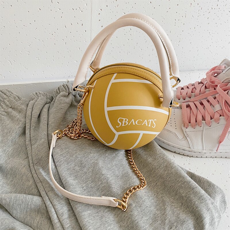Pu leren volleybalvormige handtassen en portemonnees voor vrouwen, schoudertas met ketting en crossbody, handtassen voor meisjes en dames: Geel
