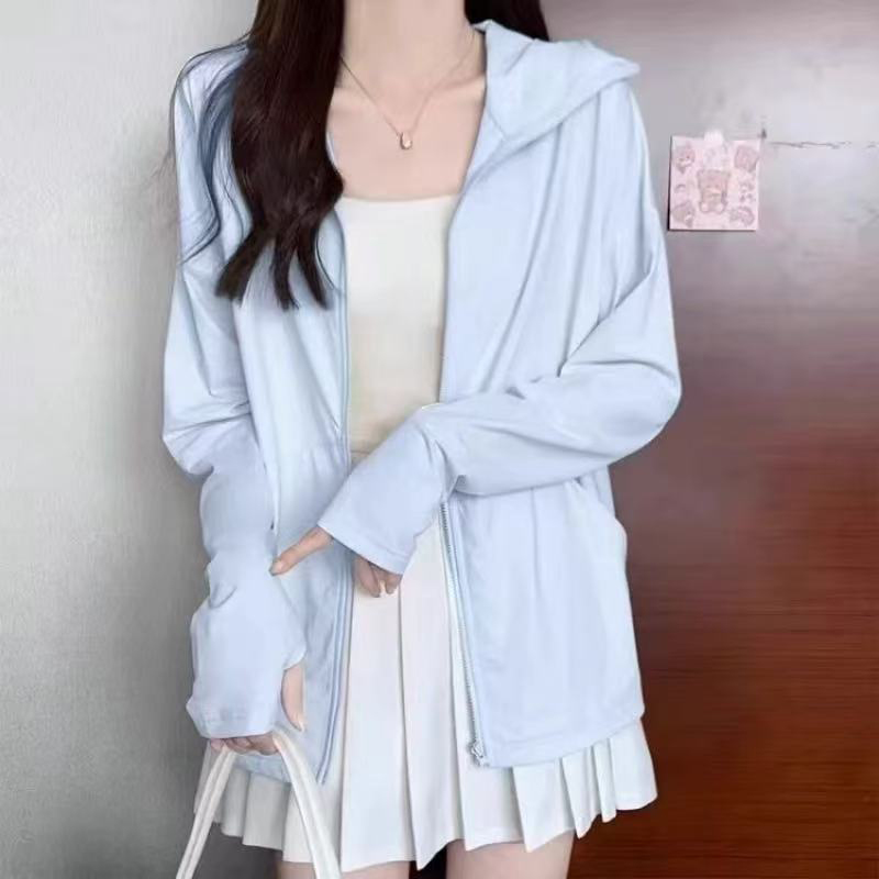 Summer Thin Ice Silk Sun Protection Jacket Women Korean Solid Basic Loose Hooded Cardigan Loose All Match Jogging Sports Tops: XXL / black