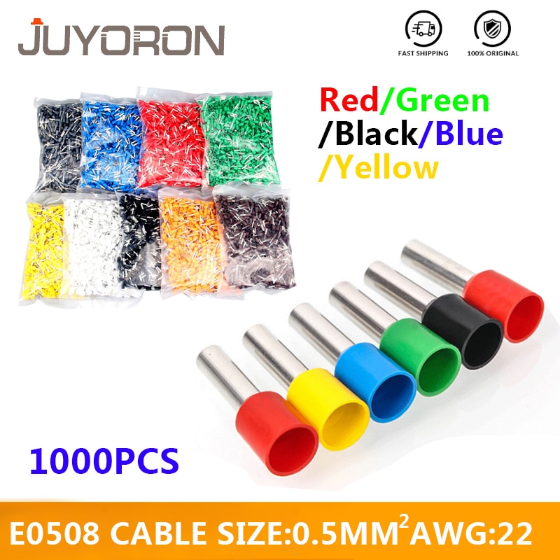 1000 Uds E0508 AWG 22 Cable 0,5 mm2 casquillos aislantes Terminal extremo eléctrico Cable conector azul negro rojo amarillo