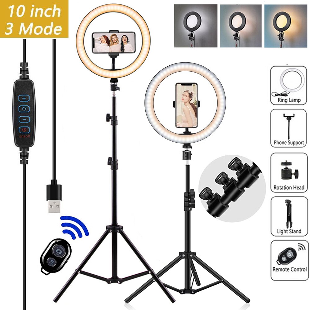 インチ/26センチメートルled selfieリングライトwithtripod調光可能リングランプビデオカメラ電話のための光リングライト写真ライブビデオ補助光