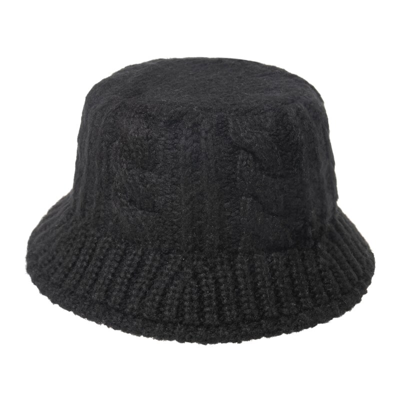 FOXMOTHER Black White Solid Winter Braid Knitted Bucket Hats Winter Warm Caps For Women Ladies gorros Fishing Caps: black