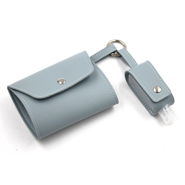 Wallet Mask storage folder Foldable mask temporary storage folder Key hanging buckle wallet Hand sanitizer leather cover set: Blue