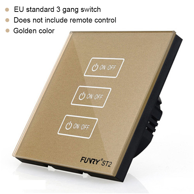 Original Funry ST2 3Gang EU Standard Touch Switch Lighting Luxury Tempered Glass Panel 170-240V 7-200W/gang 86*86*36mm: gold switch