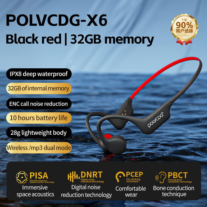 POLVCDG Słuchawki douszne z przewodnictwem kostnym Słuchawki Bluetooth 32 GB pamięci IPX8 wodoodporne pływanie, bieganie i jazda na rowerze: Black