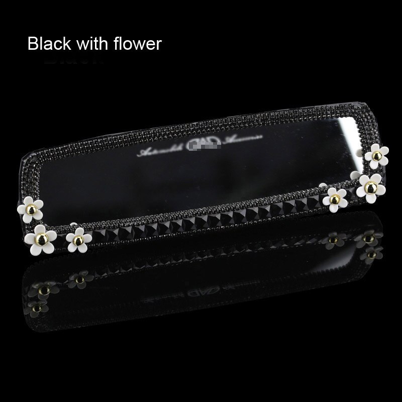 Bil diamant interiør bakspeil dekorasjon tusenfryd blomst krystall bil bakspeil til jenter kvinner auto tilbehør svart