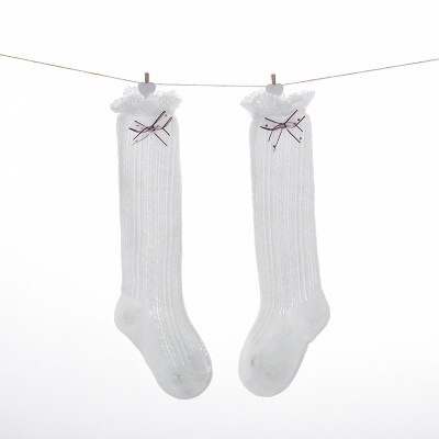 Babymeisje Sokken Kniehoog - Effen Katoen - Geribd met Strik - Ademend Mesh: Wit / 0-1y