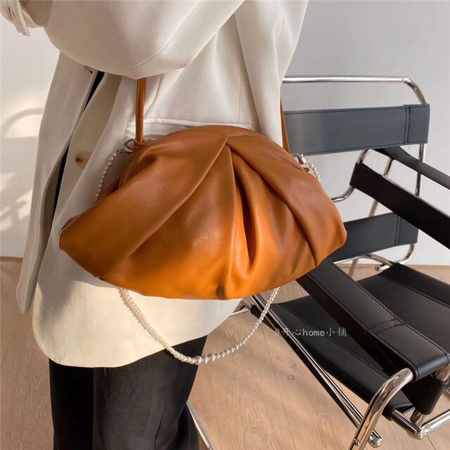 PU Leather Shoulder Messenger Bags For Women Ins Ladies Crossbody Bag Travel pearl Chain Handbags and Purses: brown