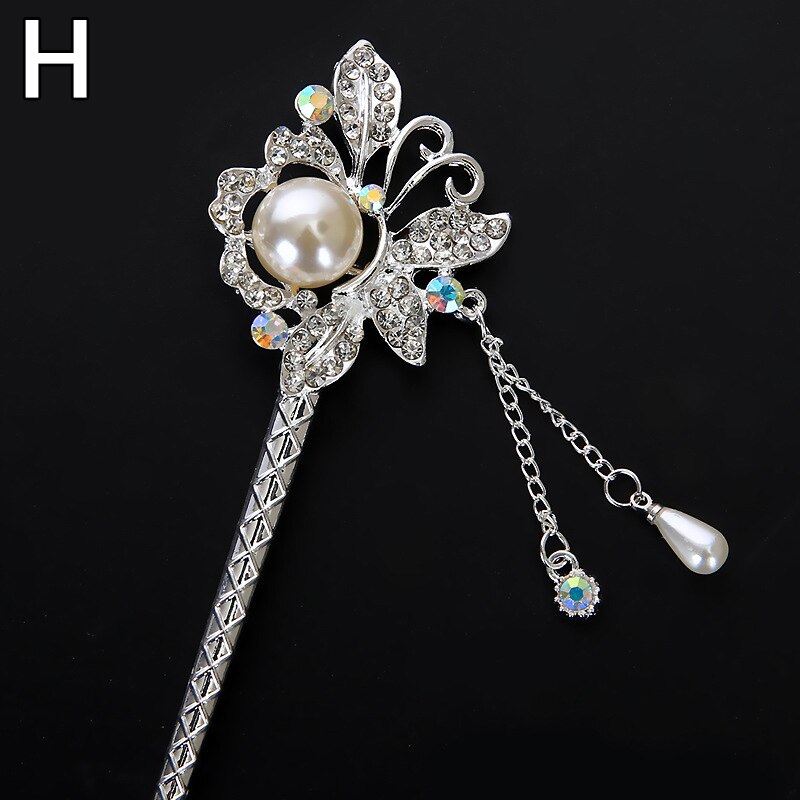 Vintage Chinese Style Hair Stick metalowe pałeczki Rhinestone kobiety Tassel kwiat perłowy spinka do włosów spinka do włosów biżuteria akcesoria: H