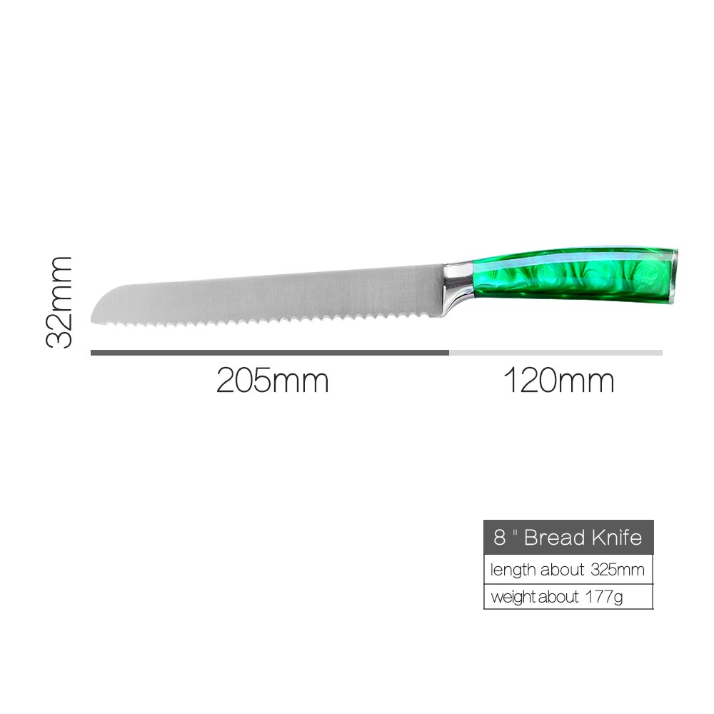 XYj-Juego de cuchillos de cocina de acero inoxidable, juego de cuchillos con Mango Verde de 8 pulgadas, Santoku, cortador de pan de Chef, rebanador chino 3CR13: G 8 bread knife
