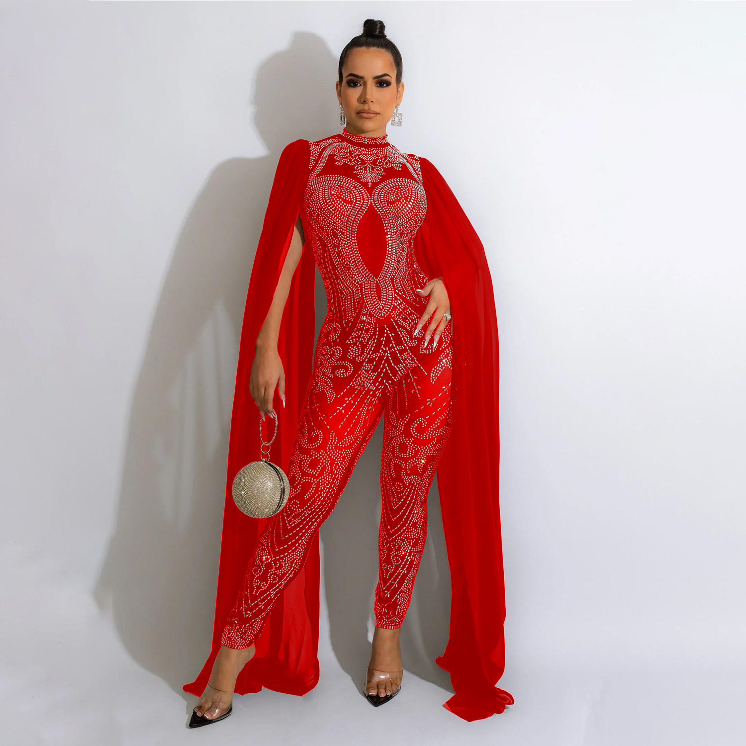 Sjalärm mesh kristall jumpsuit dam jumpsuit lyxig transparent paljetter festjumpsuit födelsedagsset balklänningar