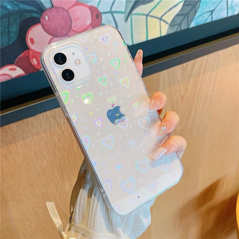 Holographic Heart Iphone Phone Case Clear Phone Case For 11 12 Pro Max X XS XR 7 8 Plus SE Shockproof Bumper