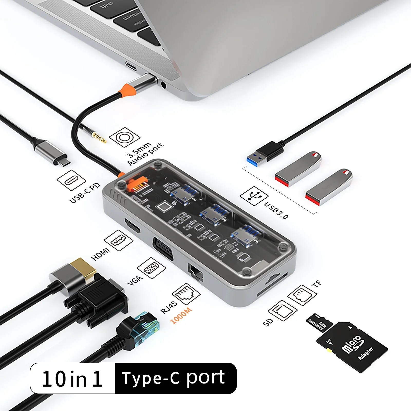 Usb c hub 10in1 HUB 4K30Hz Dock Station Type C to HDMI-Compatible PD100W RJ45 Ethernet for MacBook iPad Huawei Sumsang Phone: WHITE