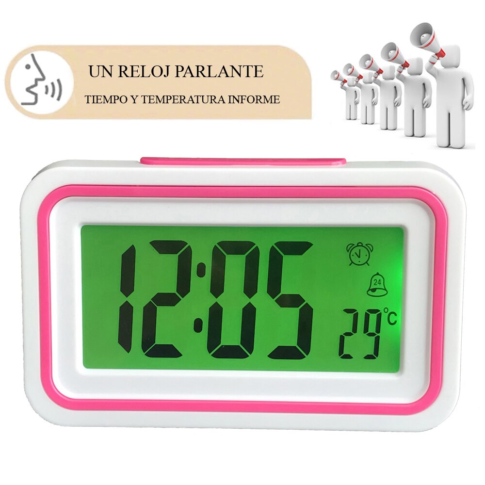 Digital español reloj despertador hablando de tiempo y temperatura para chico dormitorio de los niños despierta