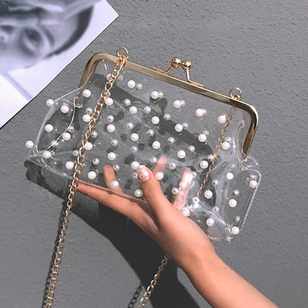 Bolso de transparente para mujer, bandolera pequeña de PVC de Color sólido, bolso de hombro con perlas, bolso de mano para mujer