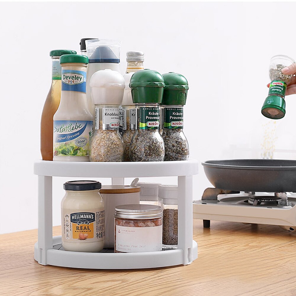 Spice Rack 2 Tier Kitchen Storage Tray Condiment Storage Rack Rotating Organizer Pantry Cabinet Turntable Round Shelf
