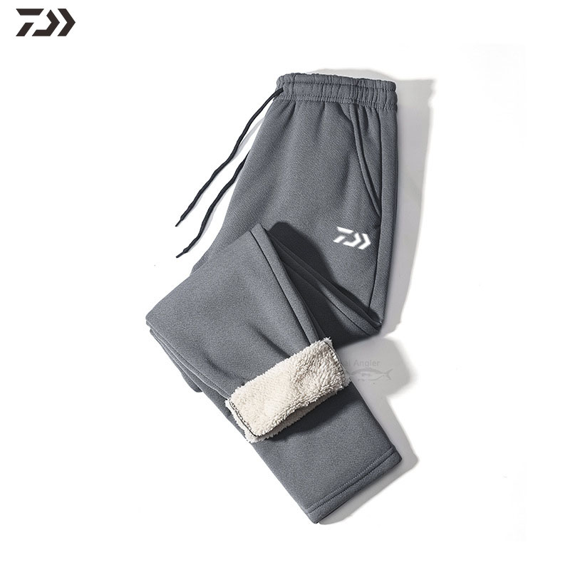 Daiwa Winter Down Pants Men Thermal Solid Drawstring Fishing Pants Thicken Cotton Sweatpants Trousers Fleece Fishing Clothing: Gray / 5XL