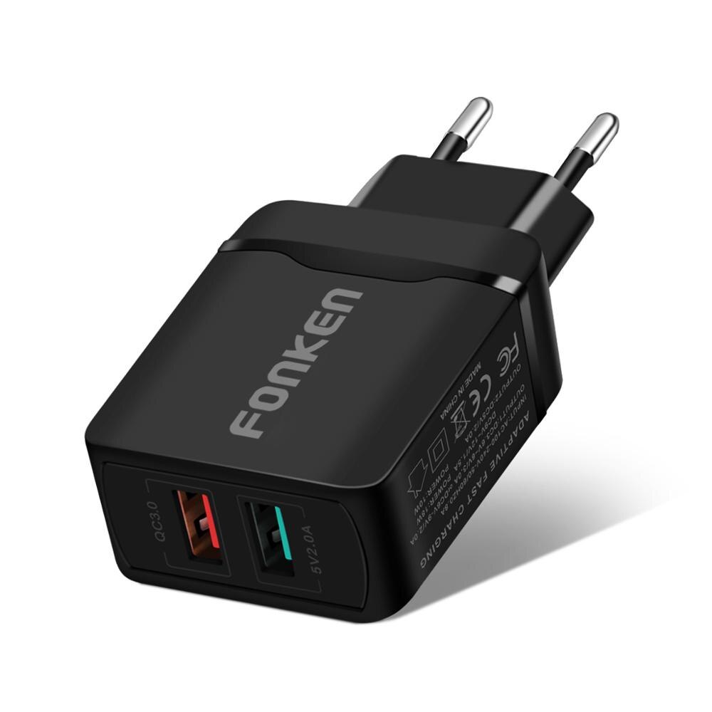 FONKEN-cargador USB Dual para móvil, adaptador de pared de viaje portátil de carga rápida 3,0, 2 puertos, 28W, QC3.0, para Xiaomi y Samsung: QC3.0 Black Charger