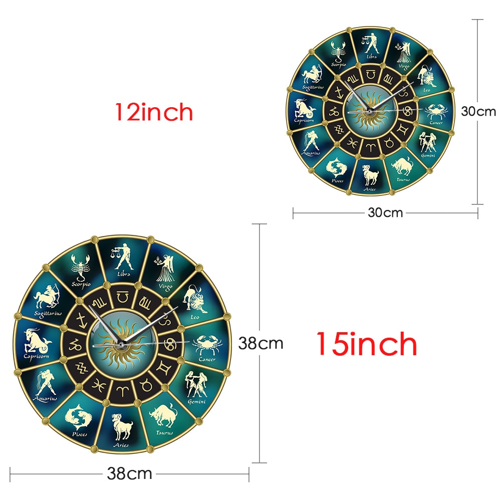 Signs of Zodiac Acrylic Mute Gold Blue Horoscope Circle with Wall Clock Constellation Astrology Symbol Home Decor Wall Watch