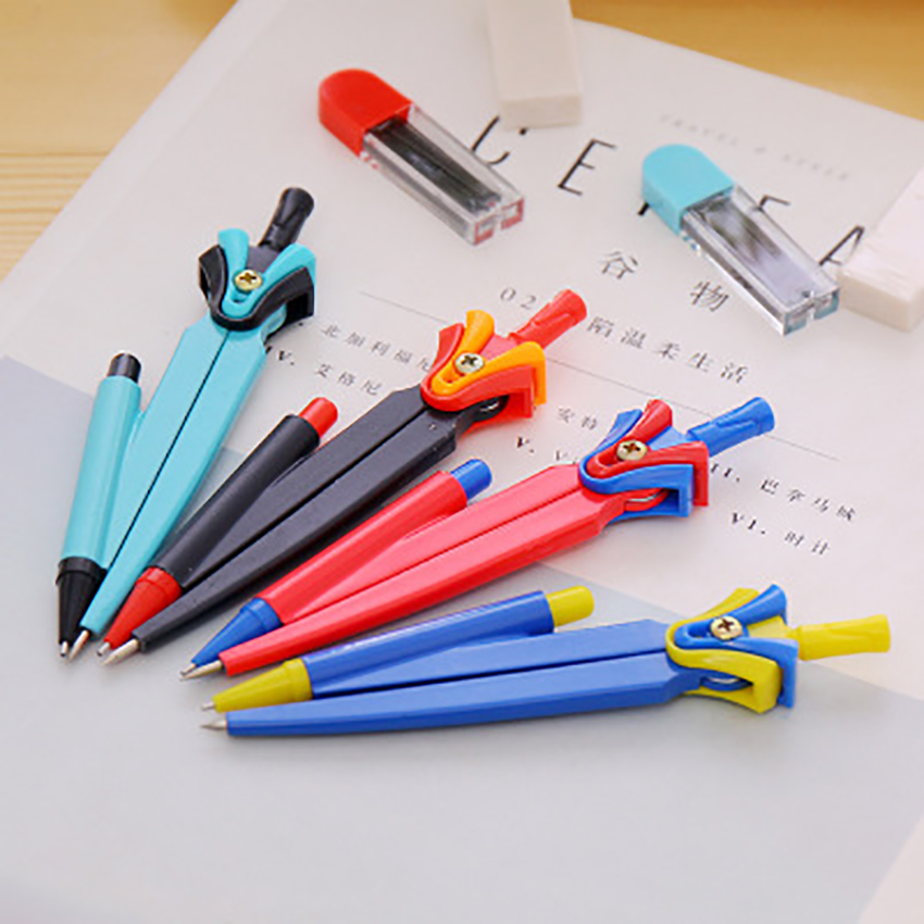 1 Set Cartoon Compass+Replacement Refill+Eraser Kit Drawing Gadget Student Stationery Geometry Drafting Math Learning Compasses