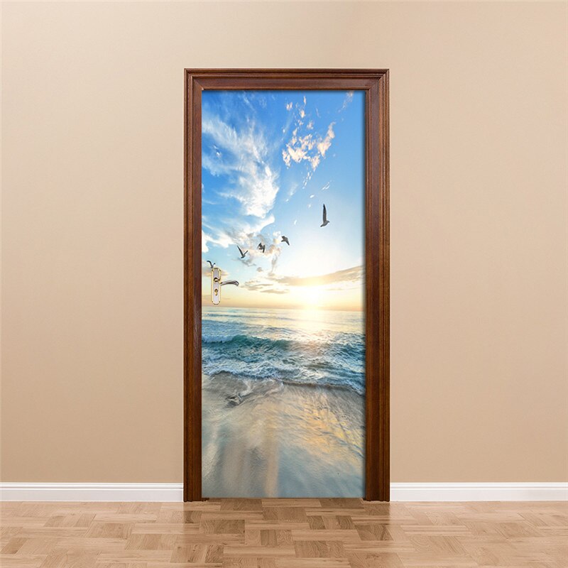 Self Adhesive Door Sticker Sunny Beach seascape Poster Wall Decal Door Mural Bedroom Door Waterproof PVC Sticker DIY Home Decor