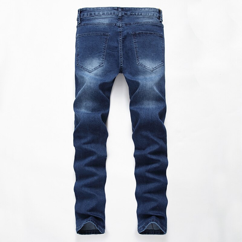 Men Straight Dark Blue Street Trendy Men's Jeans Ripped Jeans Printed Ripped Cotton Jeans