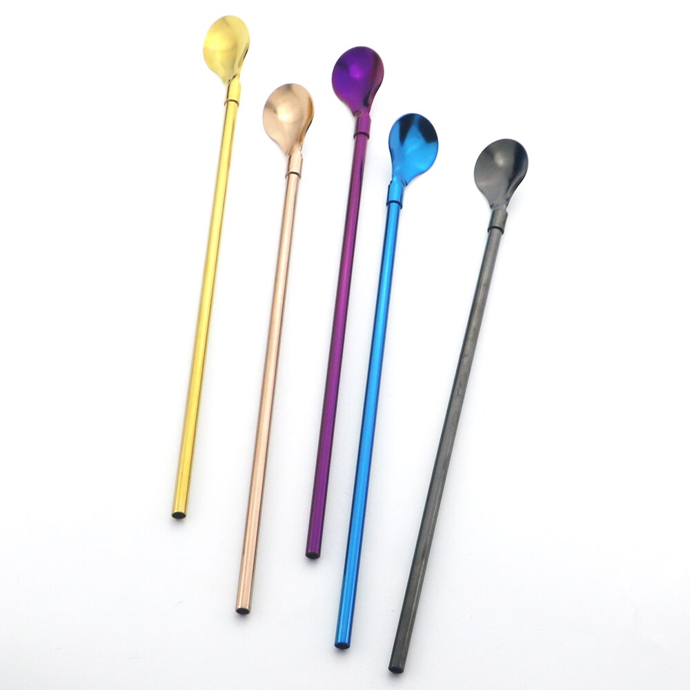 2Pcs Colorful Cocktail Stirring Spoon 18/10 Stainless Steel Metal Straws Reusable Drinking Straw Spoon Bar Coffee Stirring Tools