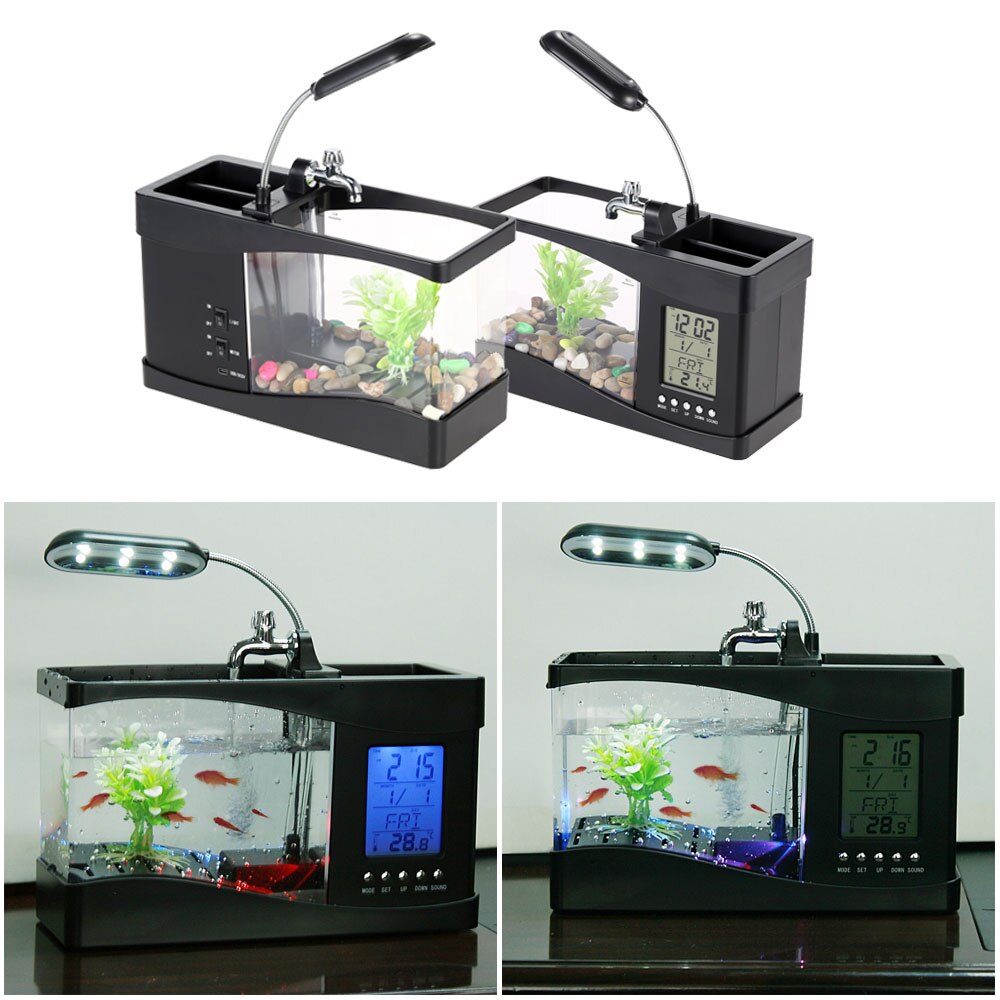 DADYPET-Acuario con pantalla LCD y reloj, Mini pecera con luz LED para lámpara, USB